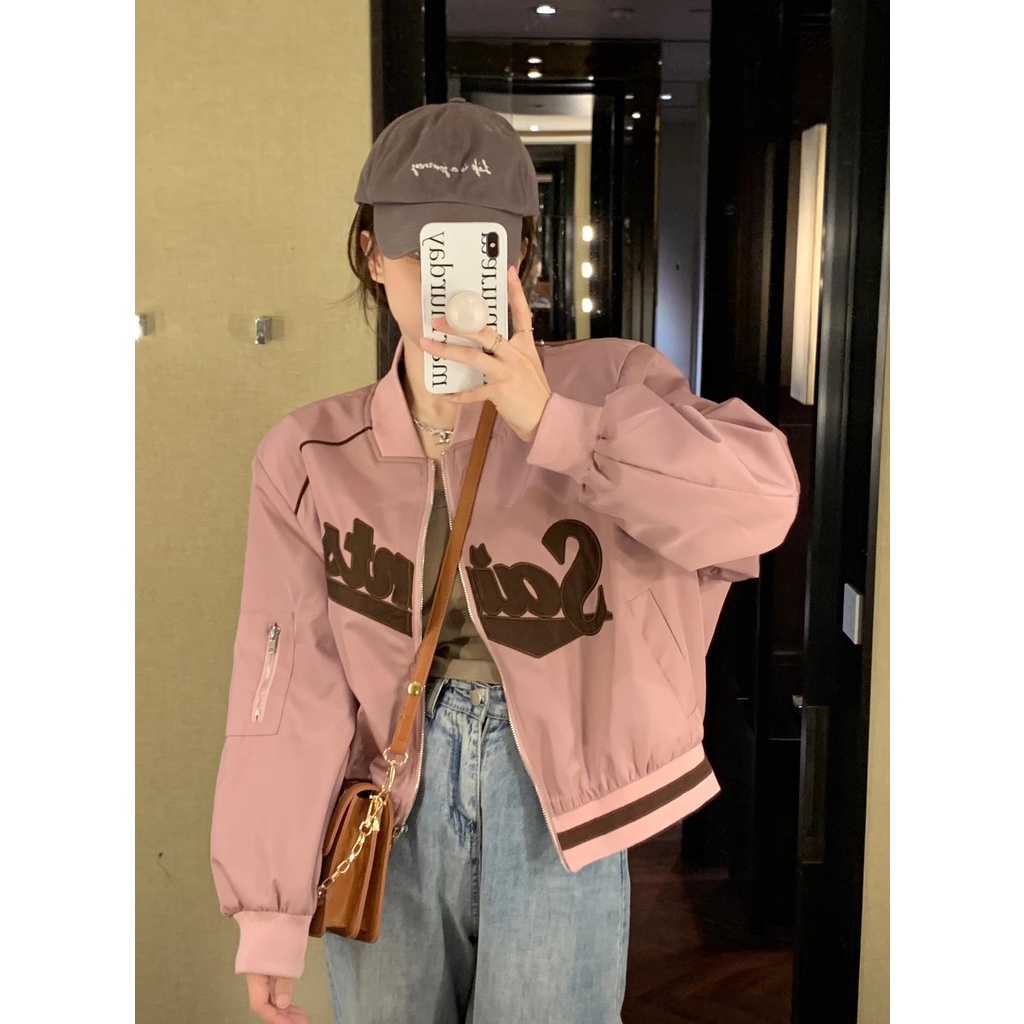 [Huangyoyo]Korean Retro Pink Baseball Uniform Long Sleeve Jacket For