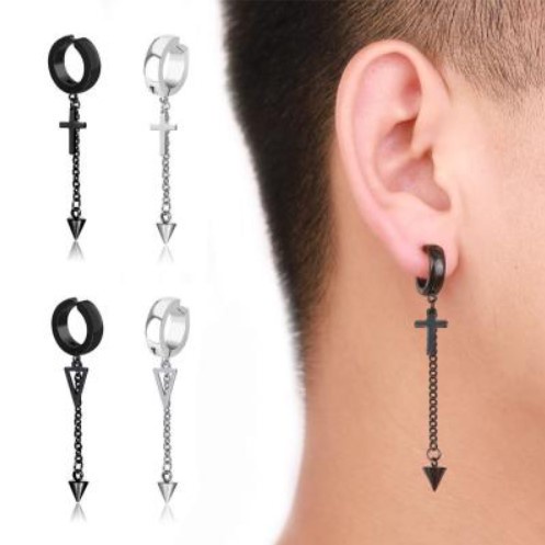 Unisex Fashion Ear Clip Titanium Steel Triangle Cross Earrings Non ...