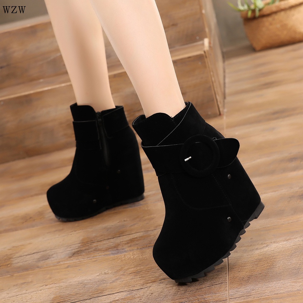 Ready Stock Wedge Heel Super High Ankle Boots 12cm Versatile Waterproof Platform Inner Heightening Women s Shoes Thick So Shopee Philippines