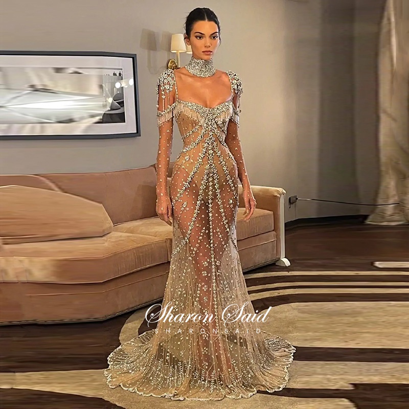 Kendall Jenner Long Mermaid Celebrity Prom Dresses Luxury Crystal ...