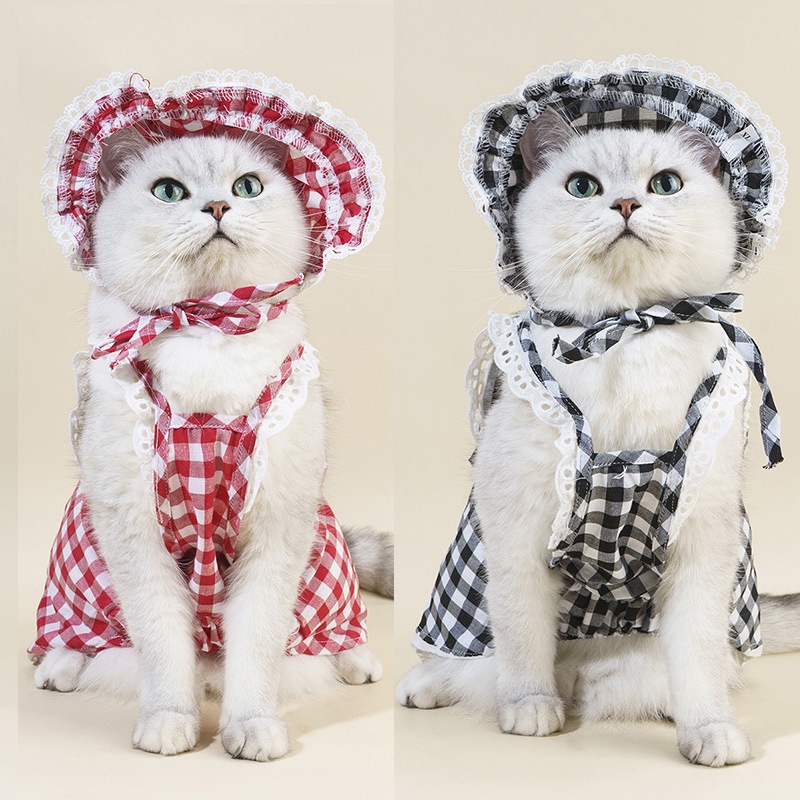 Red Plaid Dress for Cat with Hat Set Summer Pet Costume Dog Clothes for ...