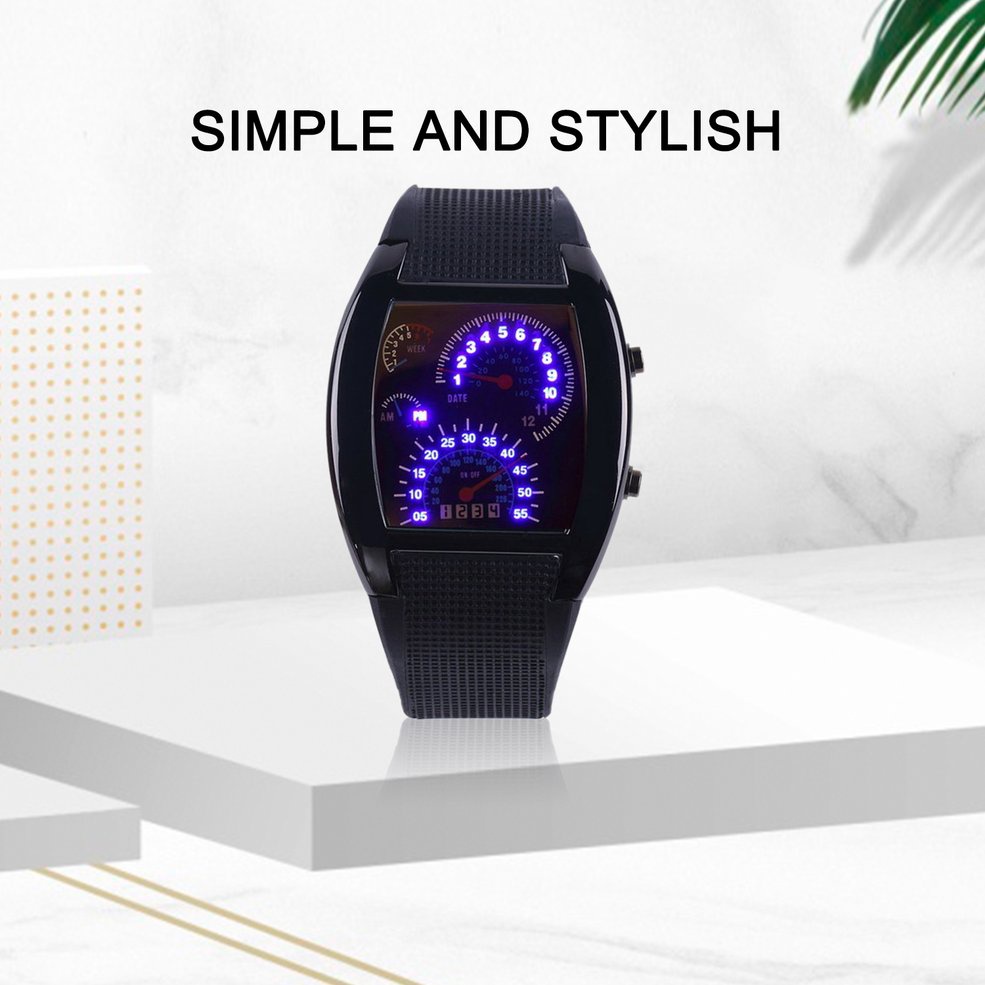 Mens Sports RPM Turbo Blue Flash LED Sports Car Meter Dial Watch ...