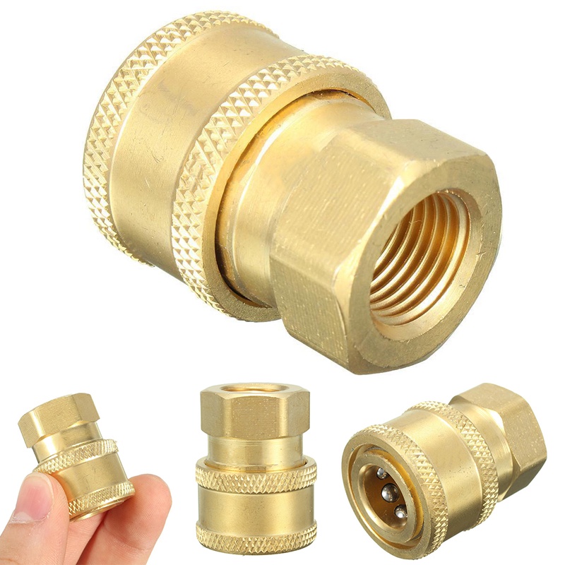Gold and black pressure washer hose connector 500 psi working pressure m22 female to 14 male