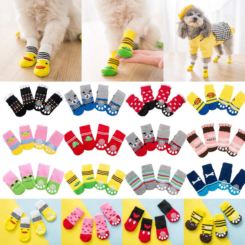 4pcs Cute Pet Dog Socks with Print Anti-Slip Cats Puppy Shoes Paw ...