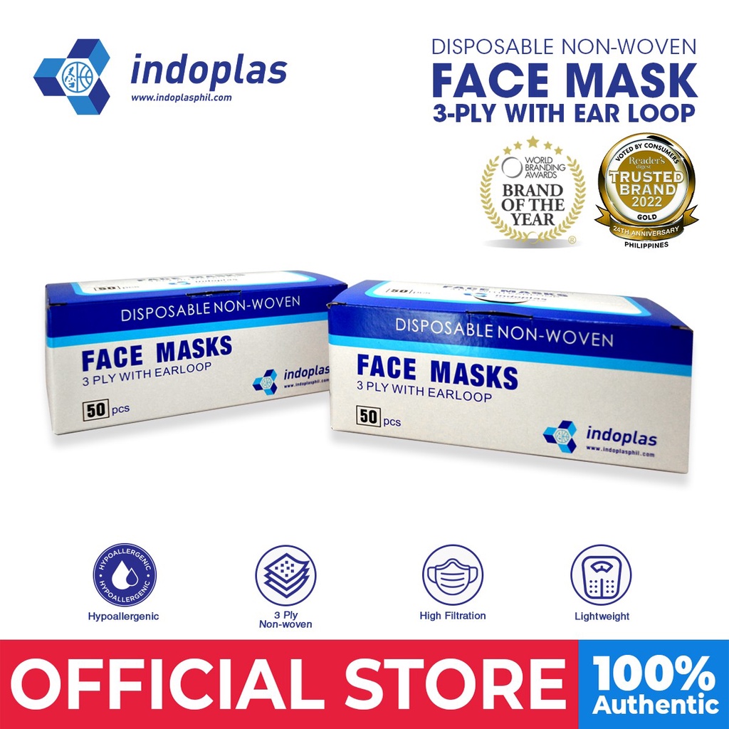 Indoplas Disposable Face Mask 3-Ply with Earloop 2 boxes (100 pcs ...