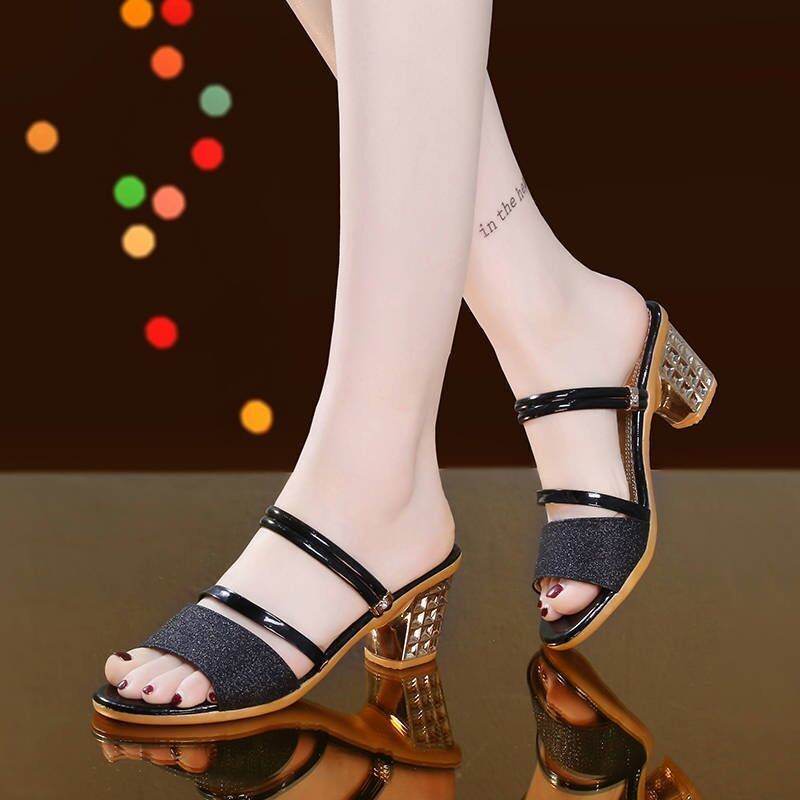 2022 summer new women's heel sandals and slippers thick heel middle
