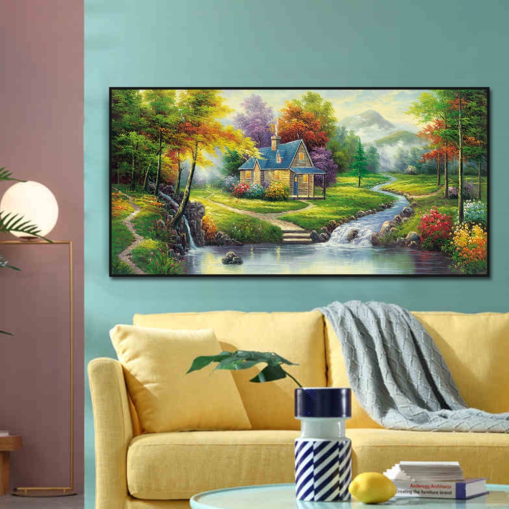 Wallpaper Wall Decor Abstract House Garden River Trees Painting Printed ...