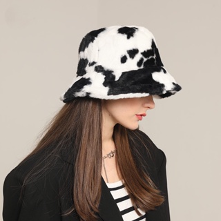 Faux Fur Winter Hats For Women Black White Cow Print Bucket Hat Men Panama  Fisherman Caps