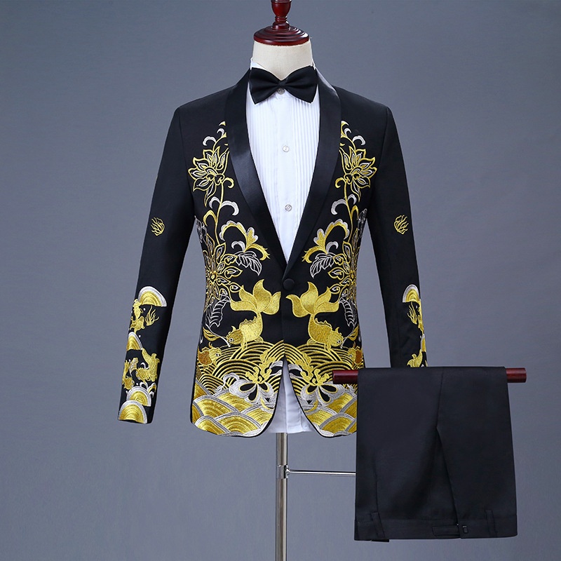 Luxury Gold Embroidery Black Suit Men Party Wedding Suits Men Shawl Collar  Tuxedo Suit (Jacket+Pants) Stage Host Singer Clothes | Shopee Philippines