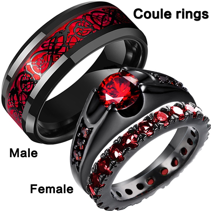 New Red Rhinestones Rings Couple Jewlery Wedding Bands Bridal Balck ...
