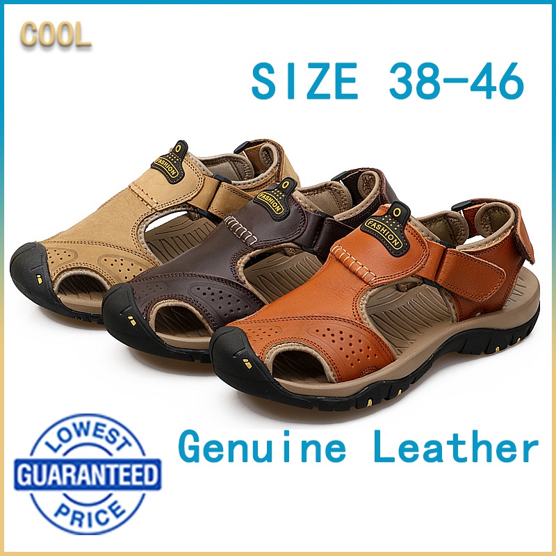 Men's genuine leather plus size sandals outdoor leisure rubber wear ...