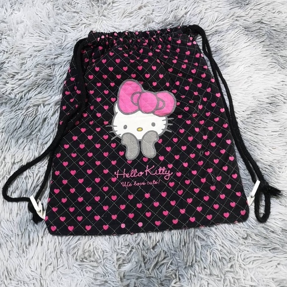 Hello Kitty Black Pink Diamond Stitch Drawstring Bag