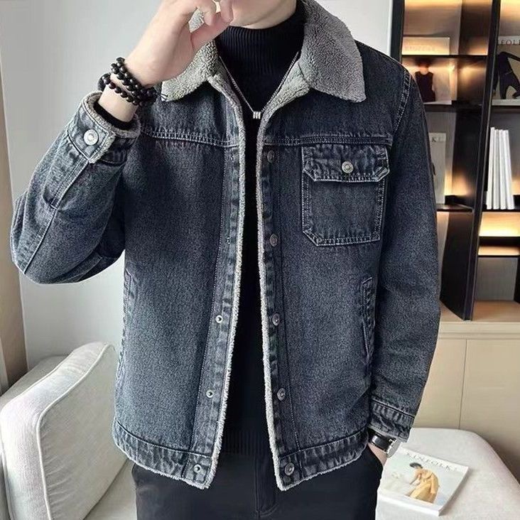 Men Denim Jacket Fleece Lining Thickened Winter Lamb Wool 2022 New Style Middle Aged Elderly Slim Fit Lapel Casual Shopee Philippines