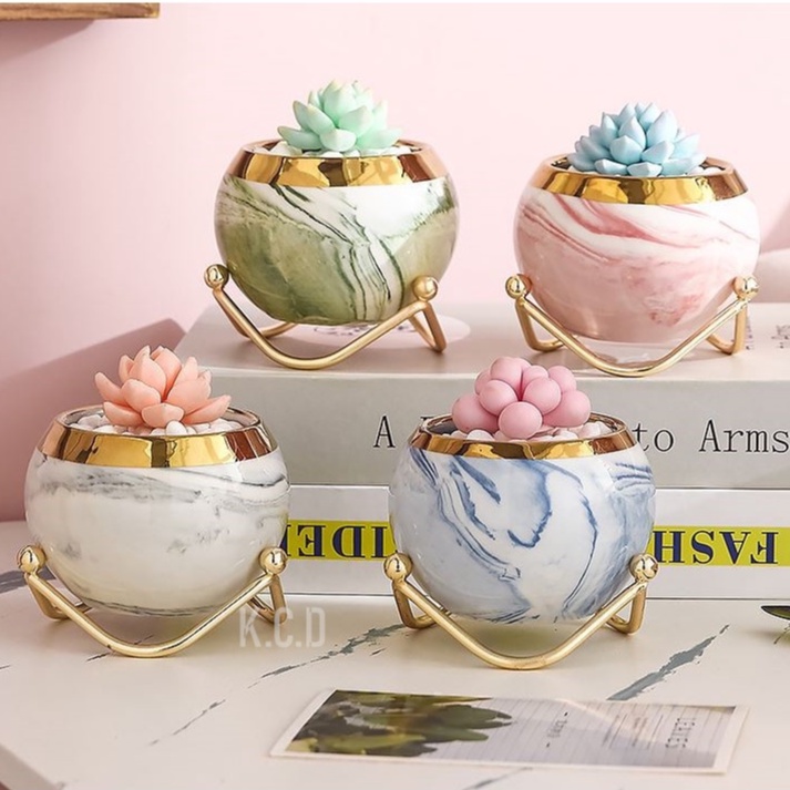 Ceramic Decorative Flower Pots with Metal Stand,Plant Pots Dining Table