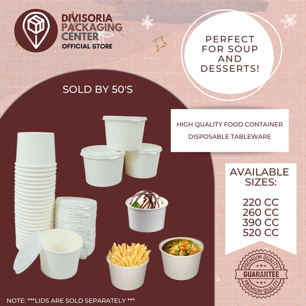 Paper Bowl Plain White & Plastic Lid 220cc 260cc 390cc 520cc Disposable ...