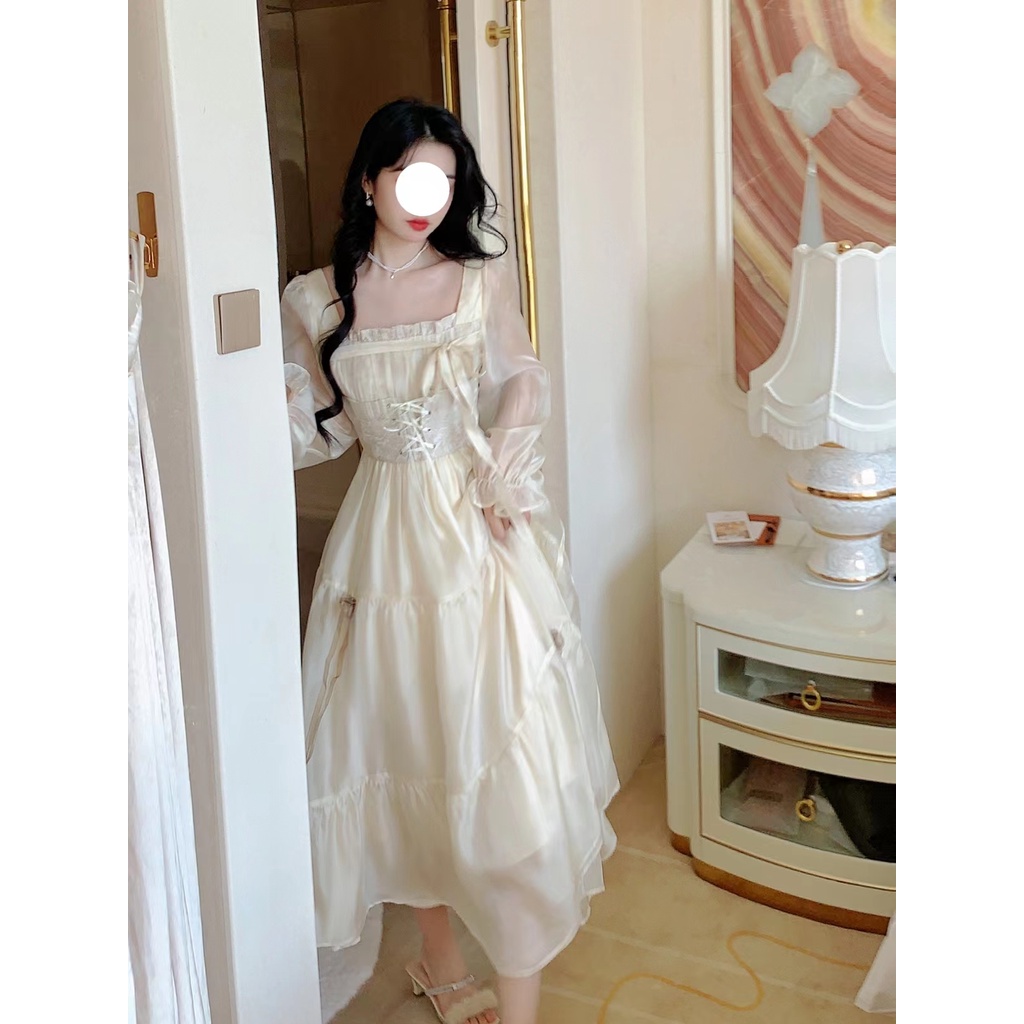 French vintage square neck apricot long sleeve jacquard lace court style maxi dress Shopee Philippines