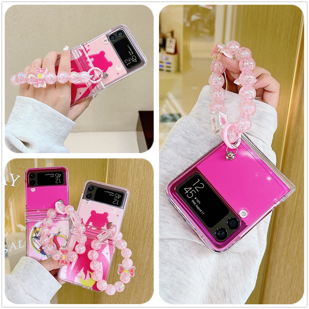 Z Flip 3 4 5G Pink Sailor Moon Cute Cartoon Phone Case with Strap, Samsung Galaxy Z Flip 4 Hinge