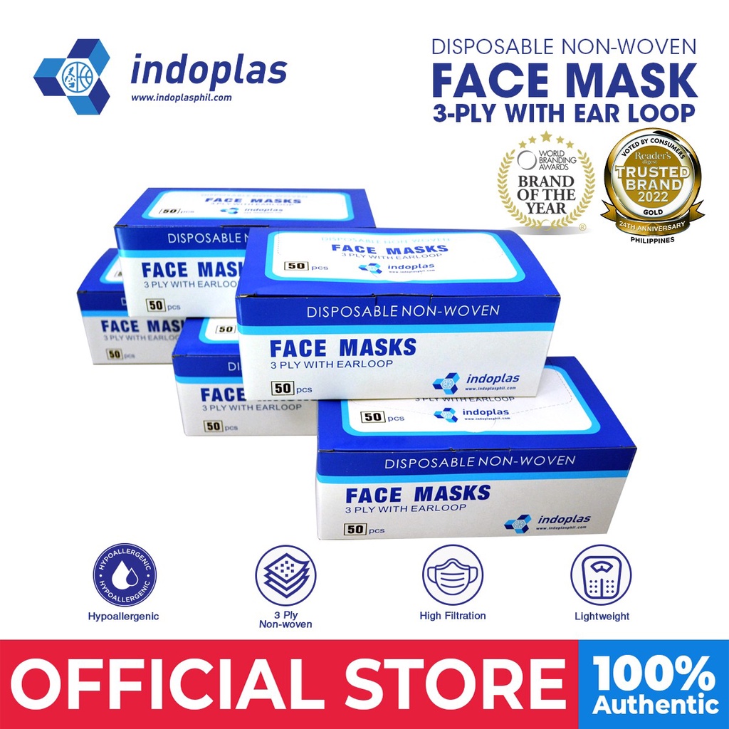 Indoplas Disposable Face Mask 3-Ply With Earloop 5 Boxes (250 Pcs ...