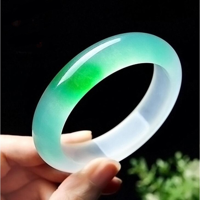 Natural Green White Jade Bangle Bracelet Chinese Genuine Jadeite Hand