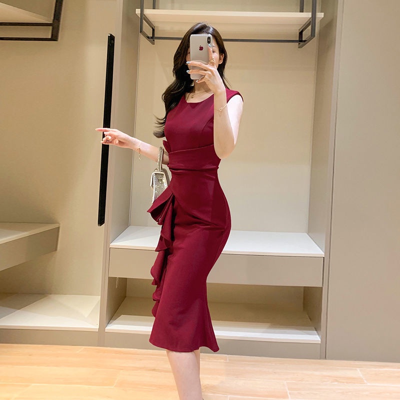 Fishtail formal dress women Evening Dinner Gown Ruffles cover belly ...