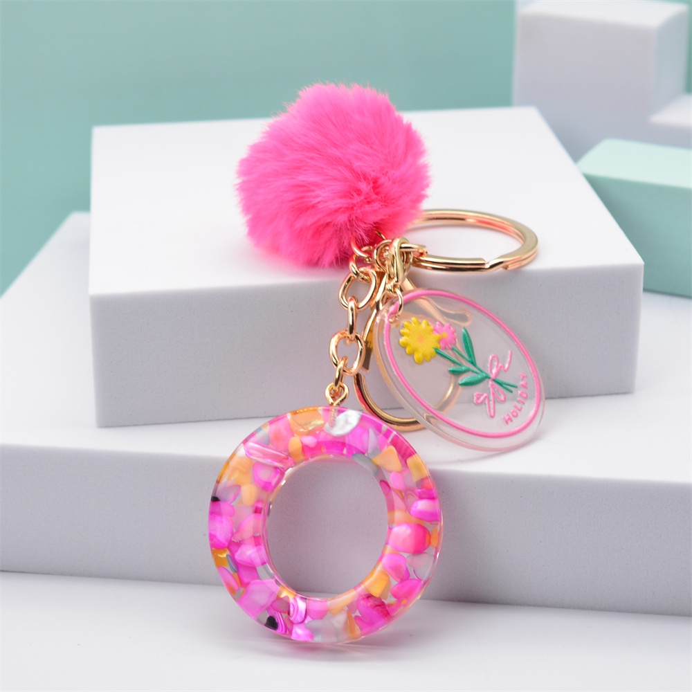 Fashion 26 Letter Keychain A-Z Initial Resin Keyring With Pink Pompom ...