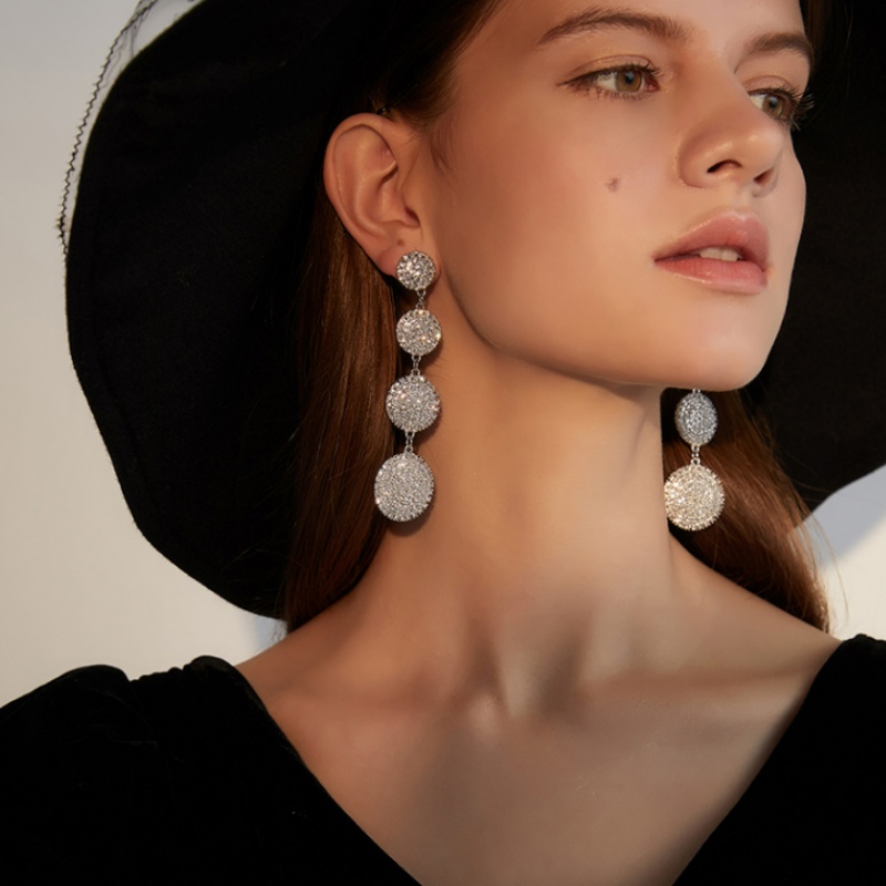 Fashion 925 Silver Needle Full Diamond Geometric Circle Long drop