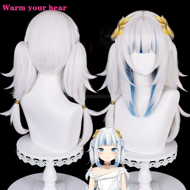 2022 New Gawr Gura Wig VTuber Hololive Long 60cm Cosplay Wigs With Two ...