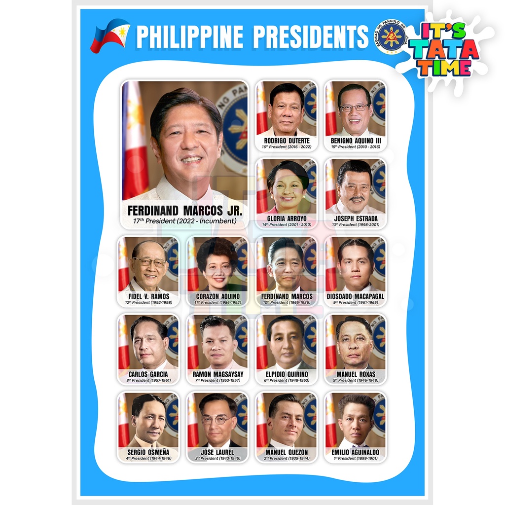 [Colored] Philippine Presidents Educational Chart - A4 Size Laminated ...