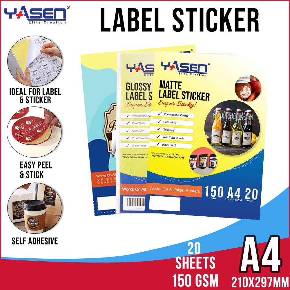 Yasen Sticker Paper A4 Label Sticker Matte, Glossy & Kraft (150GSM