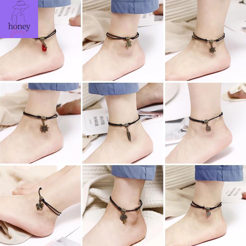 Retro Mori Personality Couple Anklet Creative Black Wax Rope Woven
