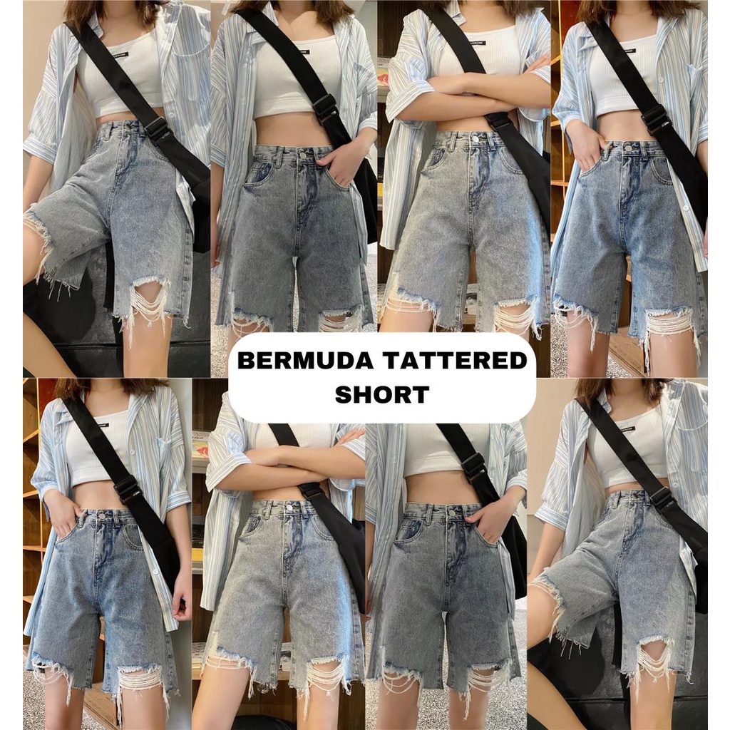 LADIES HIGH WAIST TATTERED BERMUDA TOKONG SHORT DENIM SHORT Shopee