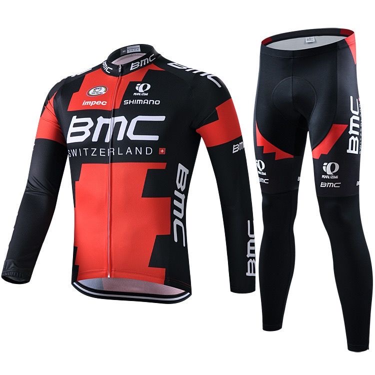 Spring and Autumn Bicycle Cycling Jersey Long Sleeve Set Men Bib Pants With Padding Bike Clothing 2022 New BMC Red Black Ready Stock