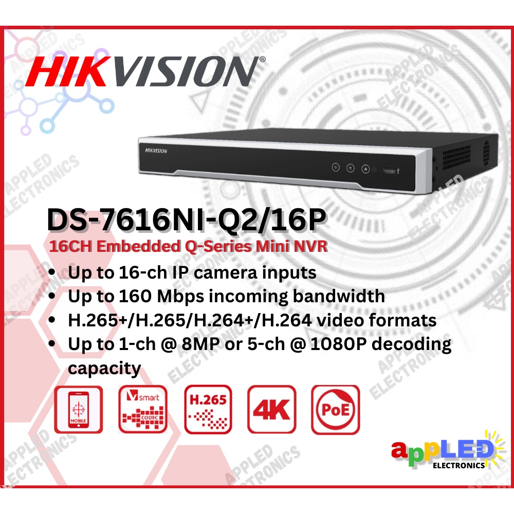 Hikvision DS-7616NI-Q2/16P 16CH 1U 16 PoE 4K NVR with 16 Built-in PoE ...