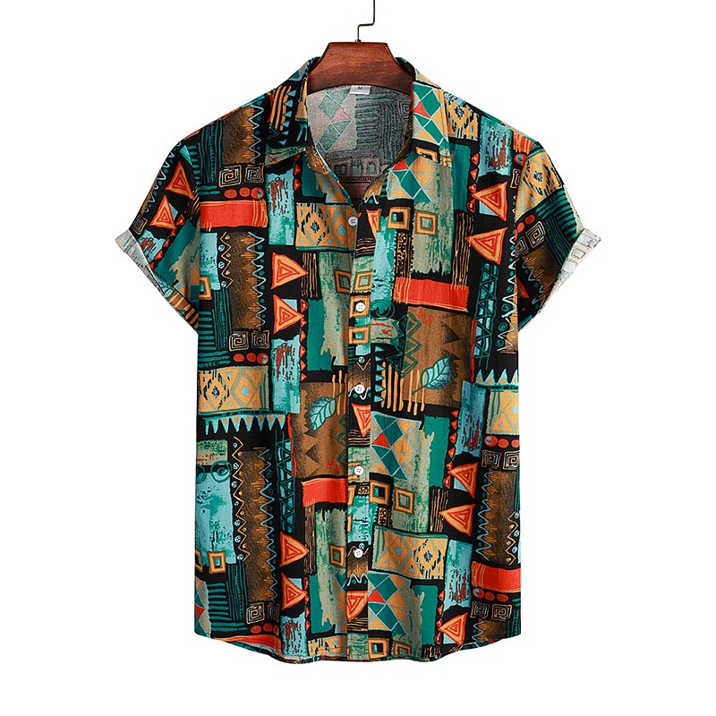 Men's Retro Boho Summer Beach Hawaii Short Sleeve Shirt Loose Button Up ...