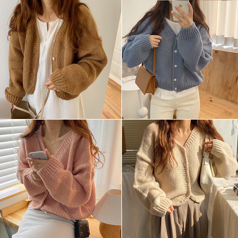[huangyoyo]Korean casual knitted sweater long sleeve loose cropped