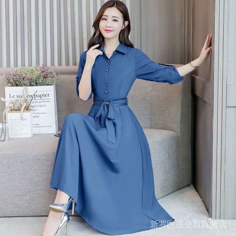 2022 Long-Sleeved Lapel Mid-Length Dress Classy Slim-Fit Cotton Linen ...