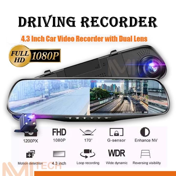 Dash Cam Car DVR 4.3'' Rearview Mirror 1080P Dual Lens Front Rear Night ...