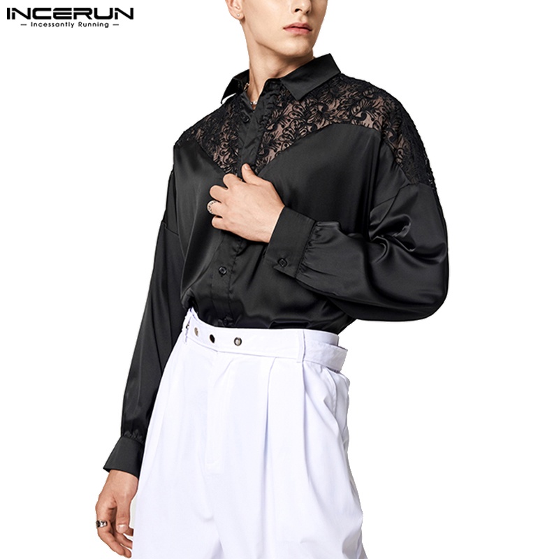 INCERUN Mens Party Long Sleeve Floral Lace Mesh Formal Button Down