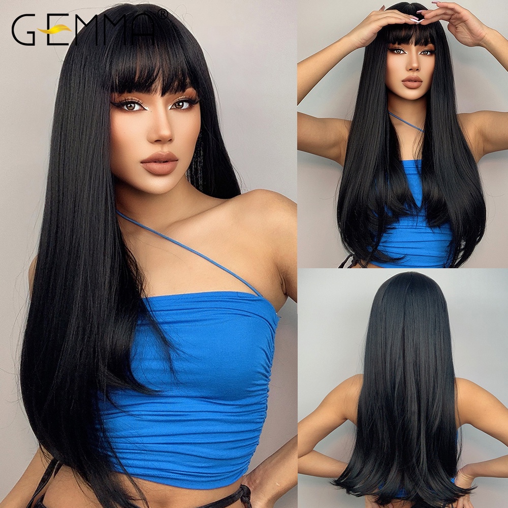 Gemma Cosplay Long Straight Black Synthetic Wigs With Bangs For Women