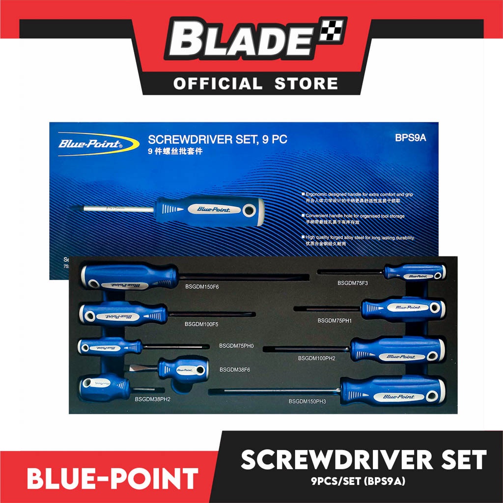 BluePoint Screwdriver Set (BPS9A) Set Of 9pcs Alloy Steel For Long