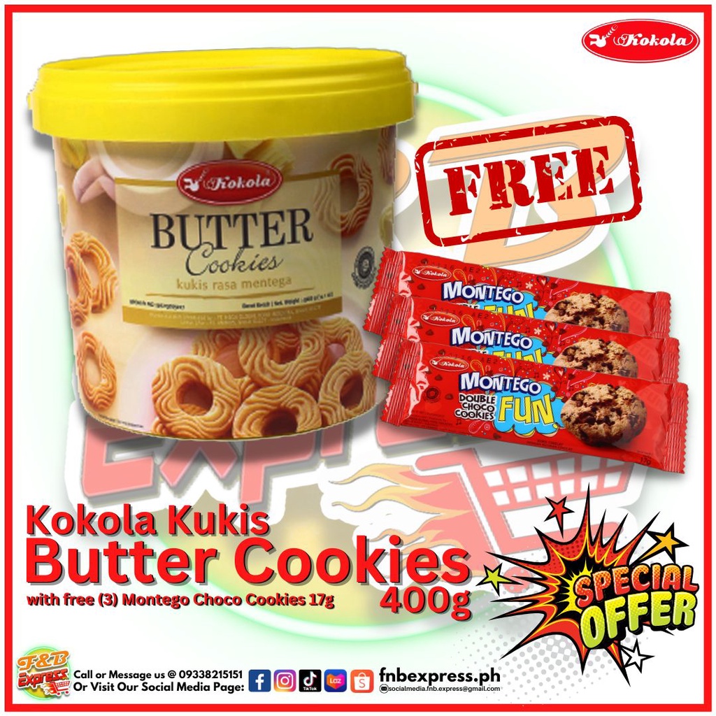 Kokola Butter Cookies (Bucket) 400g x1 with free Montego Cookies 17gx3