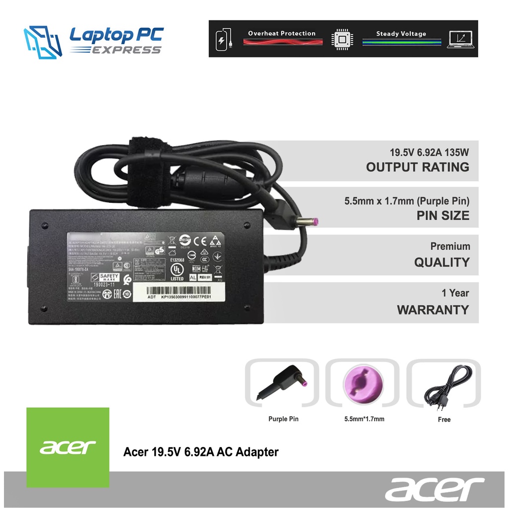 Acer 19.5V 6.92A 135W Purple pin 5.5mm x 1.7mm Compatible with Acer ...