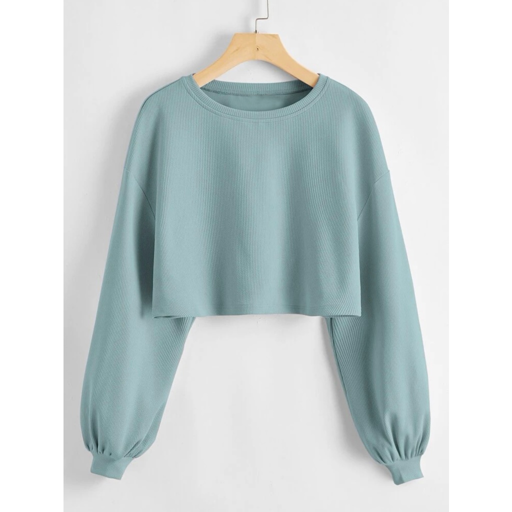 Angelcity Plain Crop Top Loose Design Round Neck Loog Sleeve Pullover