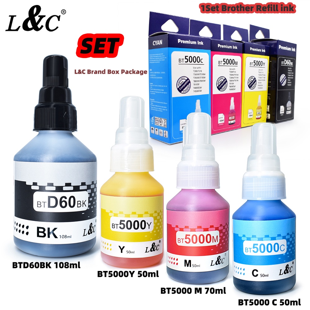 L&C 1Set Ink Set BT5000 D60 BK Dye Ink For Brother Printer DCP-T310 ...