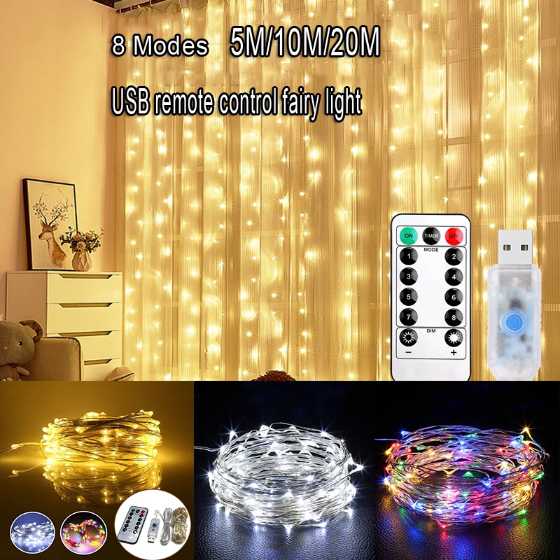 20M 200 LED Copper Wire Fairy String Light with USB Remote Control 8 ...