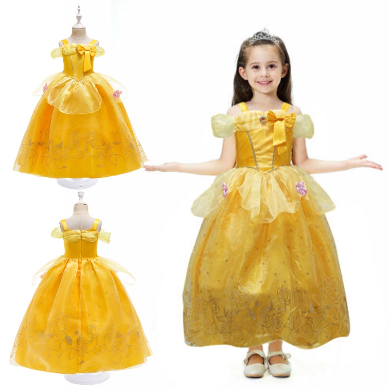 Princess Belle Dress For Girl Kids Floral Ball Gown Child Cosplay Bella