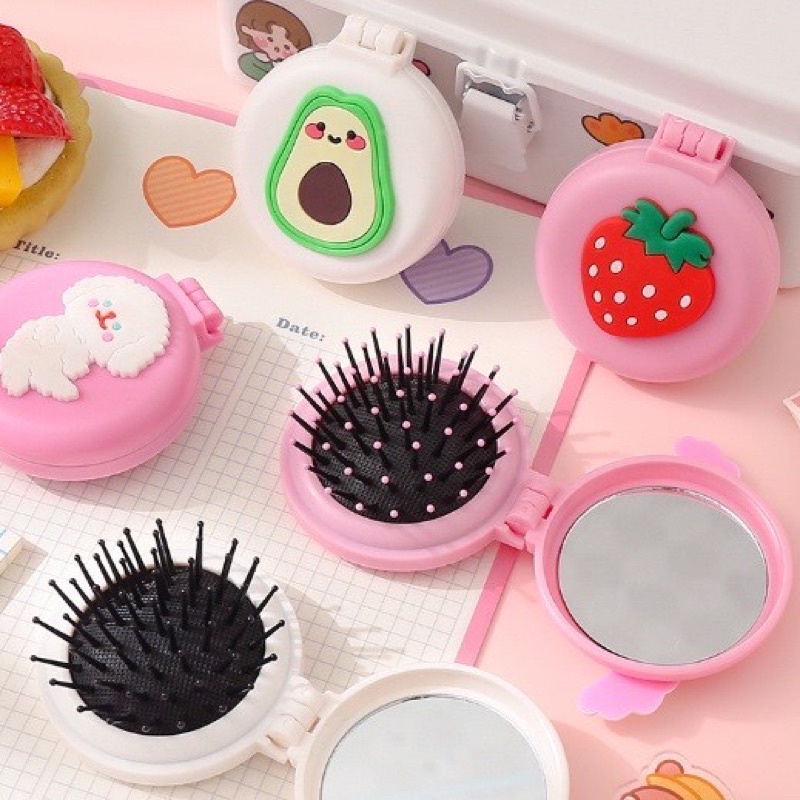 2-in1 Round Folding Hair Comb Character Hair Comb With Mirror Korean ...
