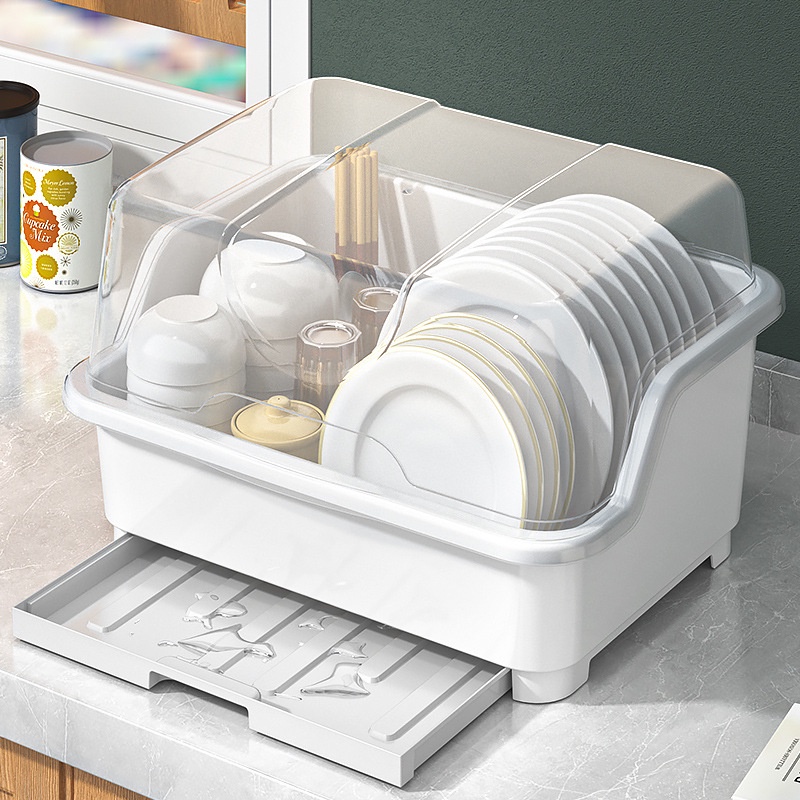 Kitchen Storage Rack Dish Drain Rack With cover Dust-proof Storage Bowl ...
