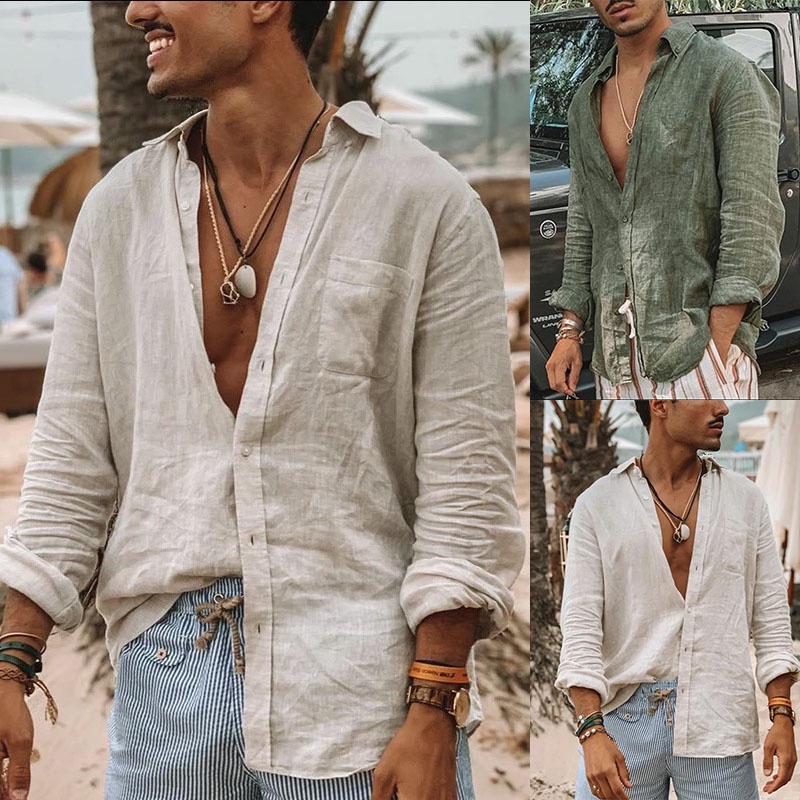 Men's Autumn Cotton Linen Loose Casual Breathable Lapel Long Sleeve