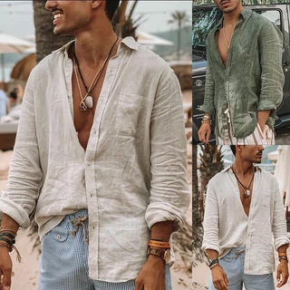  Men Beach Linen Shirts Boho Linen Henley Shirts for